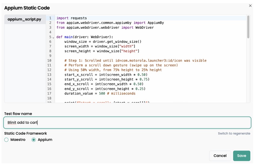 Generated Appium or Maestro code example
